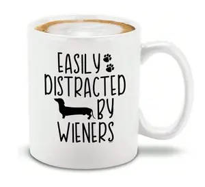 Humorous Dachshund Owner Mug, "Easily Distracted By Wieners" Sarcastic Text with Dog Silhouette & Paw Prints, Funny Gift For Dachshund Parent, Birthday Present For Sausage Dog Lover, 11oz White Ceramic Coffee Cup