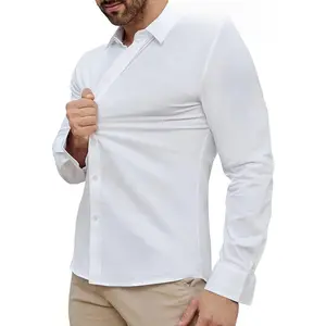 Men's 80s Fashion Plain Soft Square Neck Longsleeves 4-Way Stretch No-Iron Polyester Dress Shirt, Wrinkle & UV Resistant, Chic Open Stitch, All-Season Business Casual Office Top