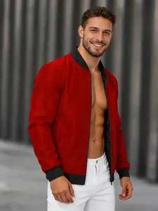 Men's Solid Patched Zip Up Sports Bomber Jacket, Regular Fit Casual Long Sleeve Baseball Collar Outerwear for Outdoor Activities, Fashion Men's Sports Clothes for All Seasons