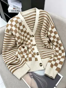 Women's Knitted Cardigan, Plaid Striped Colorblock Sweater, Loose V Neck Button Outer, Fall Winter Casual Open Front Jacket