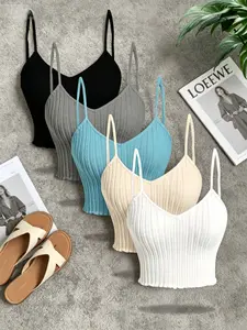 European and American Style Summer Autumn Chic Basic Solid Color Halter Top, Casual Five-Piece Set, Comfortable and Stylish for Daily Wear