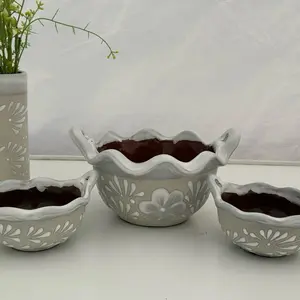 Mexican Salseras Gift Set 3pc Cazuelitas Bowls White Barro Talavera Design Handcrafted Ceramic Dishes Eco-Friendly Tableware Handmade in Mexico