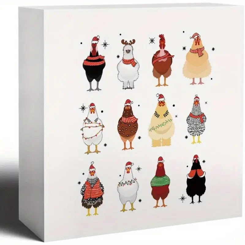 Christmas Chicken Wooden Box Sign, Chicken Christmas Decorations, Farmhouse Christmas Decor, Funny Chicken Wood Signs for Home Office Desk Table Shelf Decor, 5x5 Inch