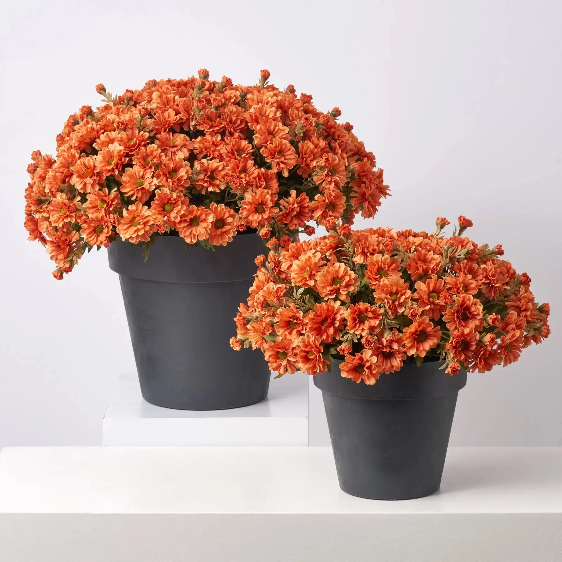 Orange Faux Zinnia Mum Bush Outdoor Fall Arrangement Urn Filler- Available In 2 Sizes