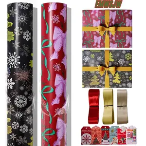 17inchx120inch Christmas Wrapping Paper Roll Gift Aluminum Paper Retro Snow Flower Gift Wrapping Paper Box Packaging with Ribbon
