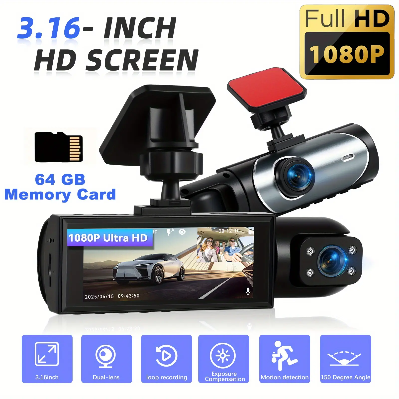 1080P Dual Camera Dash Cam Front and Rear Inside Car Camera, 3.16 Inch IPS Screen+64G TF Card, IR Night Vision, Loop Recording, Wide Angle Car DVR Camera, Dual Lens Car Dashboard Video Cam Without Battery, Father's Day Gift,SummerVibes