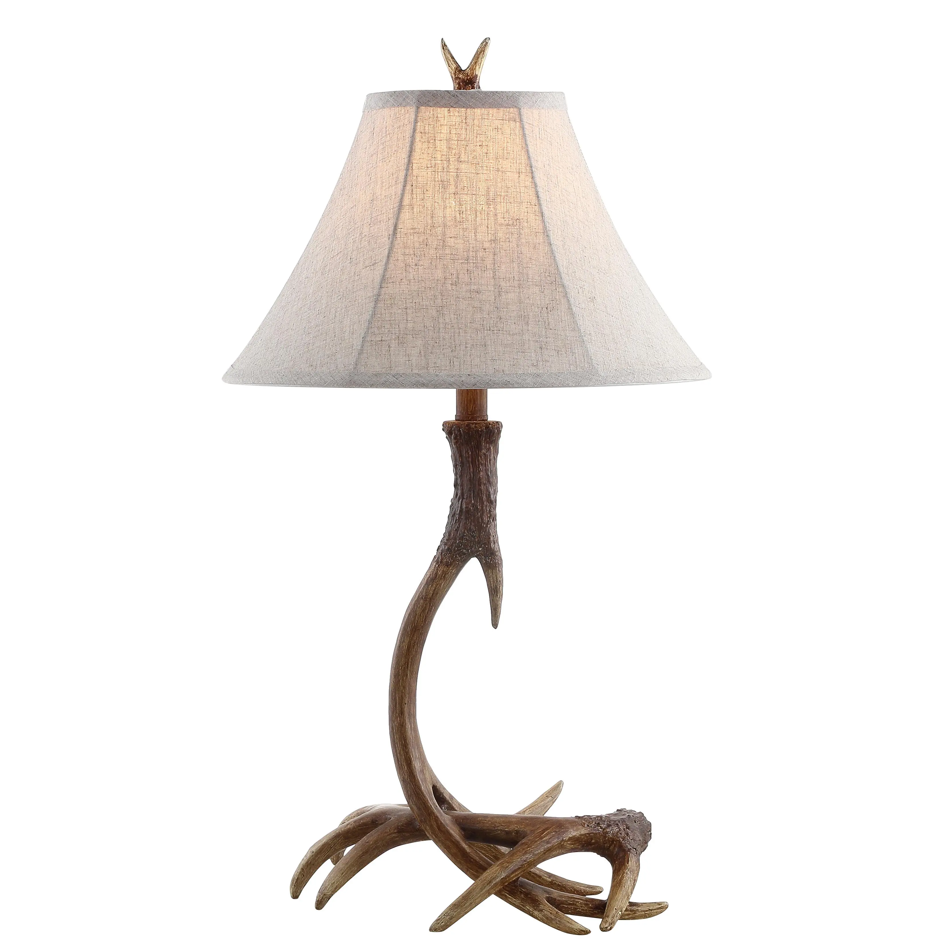 JONATHAN Y Resin Antler Table Lamp - 27.5in Rustic Farmhouse Lodge Style, Linen Shade, Rotary Switch, LED Bulb Included, Bedroom Lighting, Decorative Light for Desk, Dresser, Room Decor