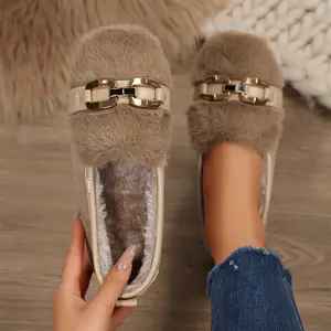 Women's Winter Fuzzy Loafers Metal Buckle Decor Fleece-Lined Slip-On Flats, Cozy Casual Footwear Indoor Outdoor Shoes