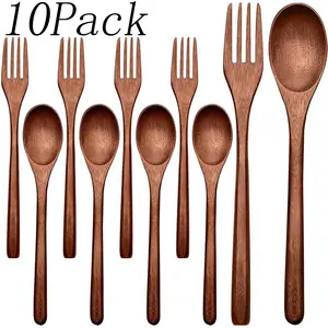 10 Pack Wooden Forks and Spoons Set,Reusable Bamboo Small Utensils,Wood Dinner Utensil Set,Mini Wooden Spoon Fork Set,for home or office