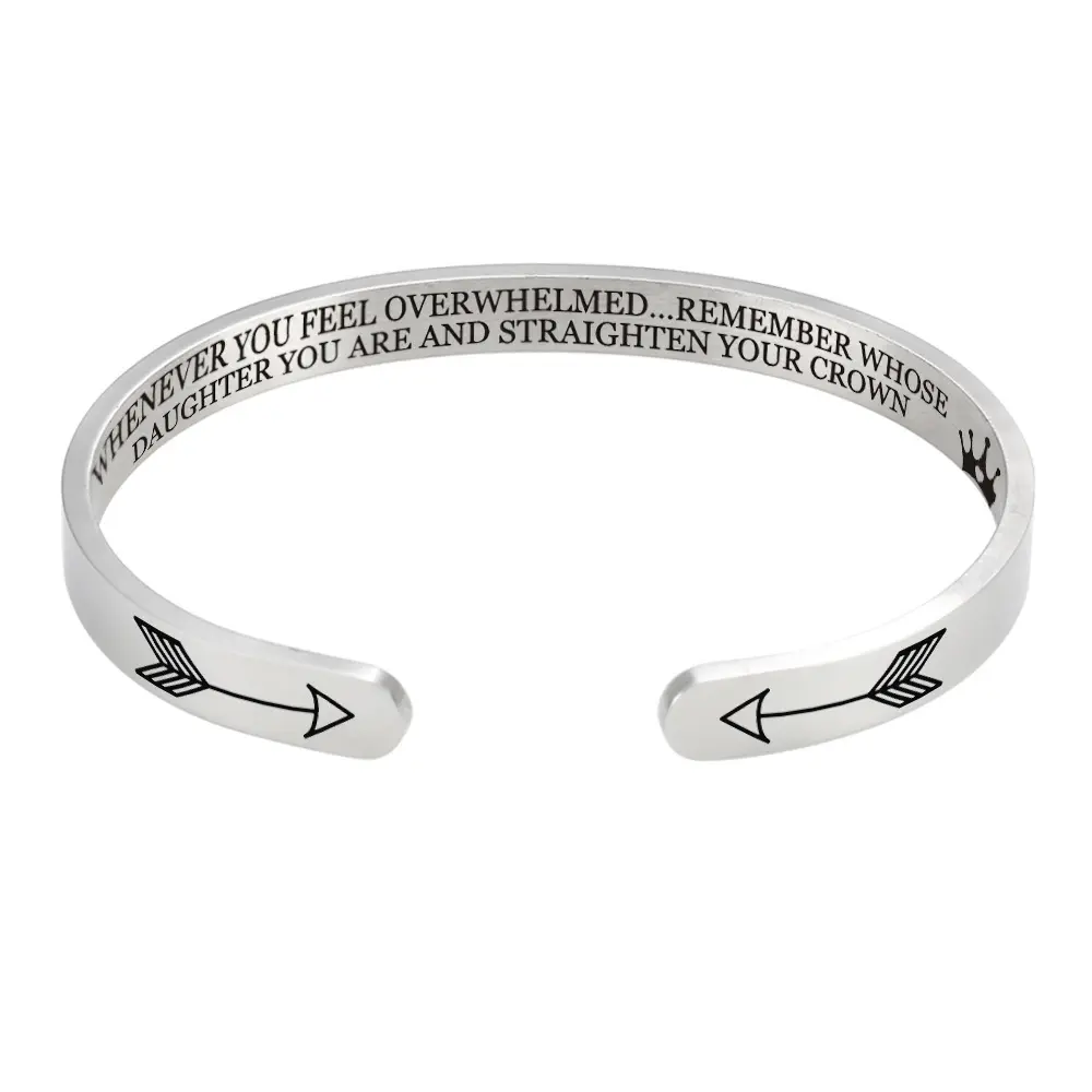 Engraved Stainless Steel Cuff Bangle Sleek Open Design Timelessly Elegant Double Arrow Inspirational Letters Bracelet Wristband For Daughter Graduation Season Unisex