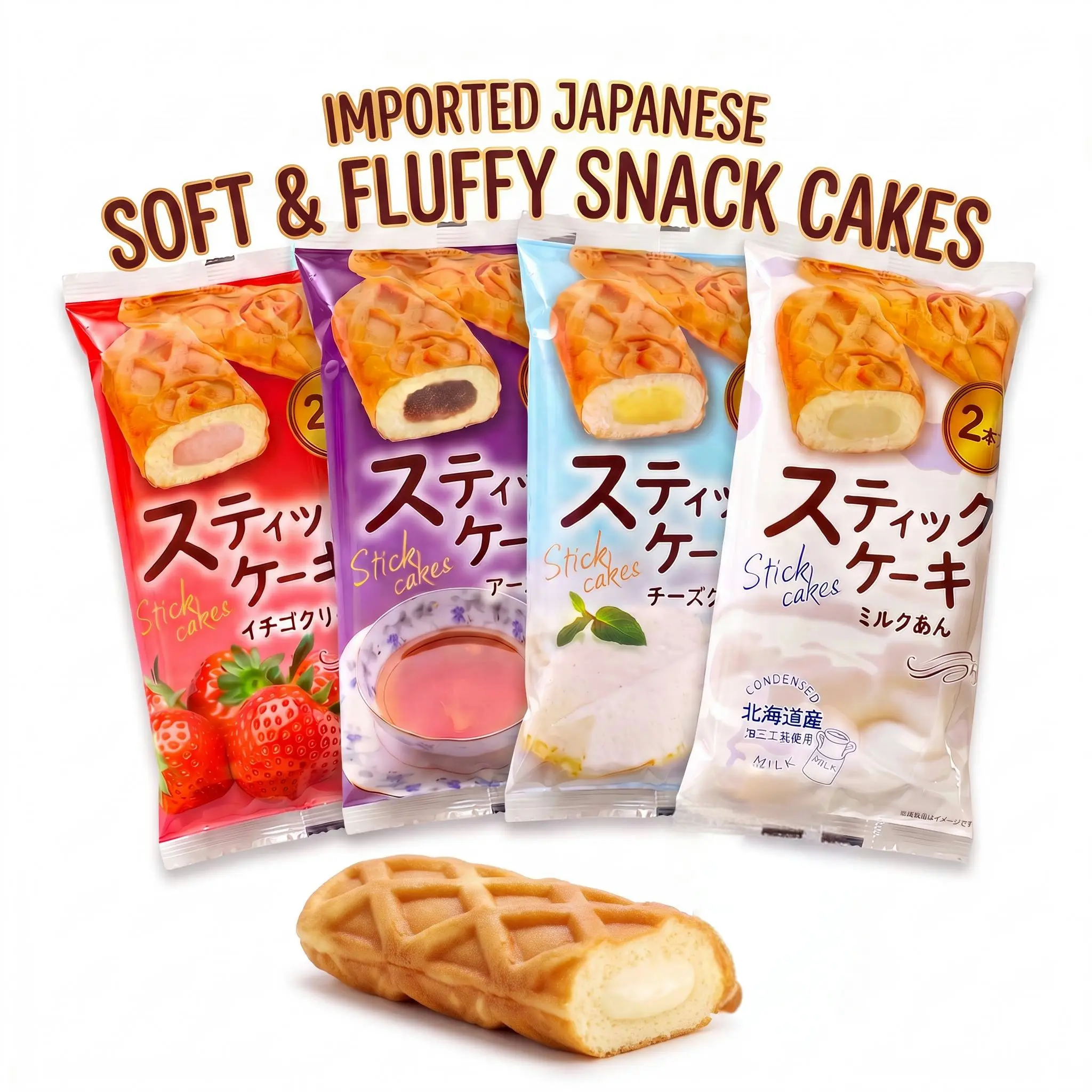 Lima Stick Cakes Japanese Variety Pack, 4 Flavors, Soft & Fluffy Sponge Cakes, 8 Cakes Total