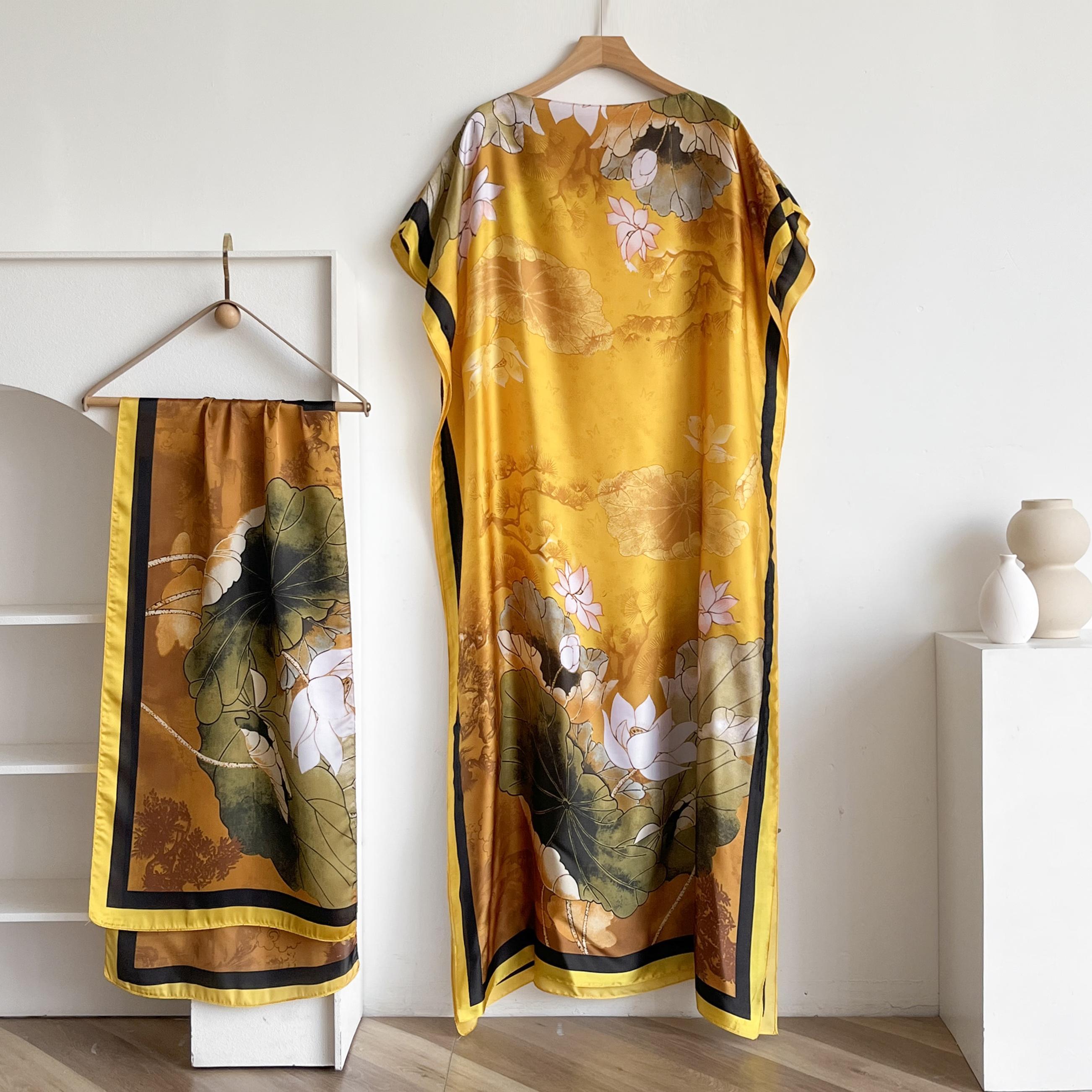Women's Long Shawl Set Floral Print Robe Set with Shawl Collar Dress, Long Scarf Headband