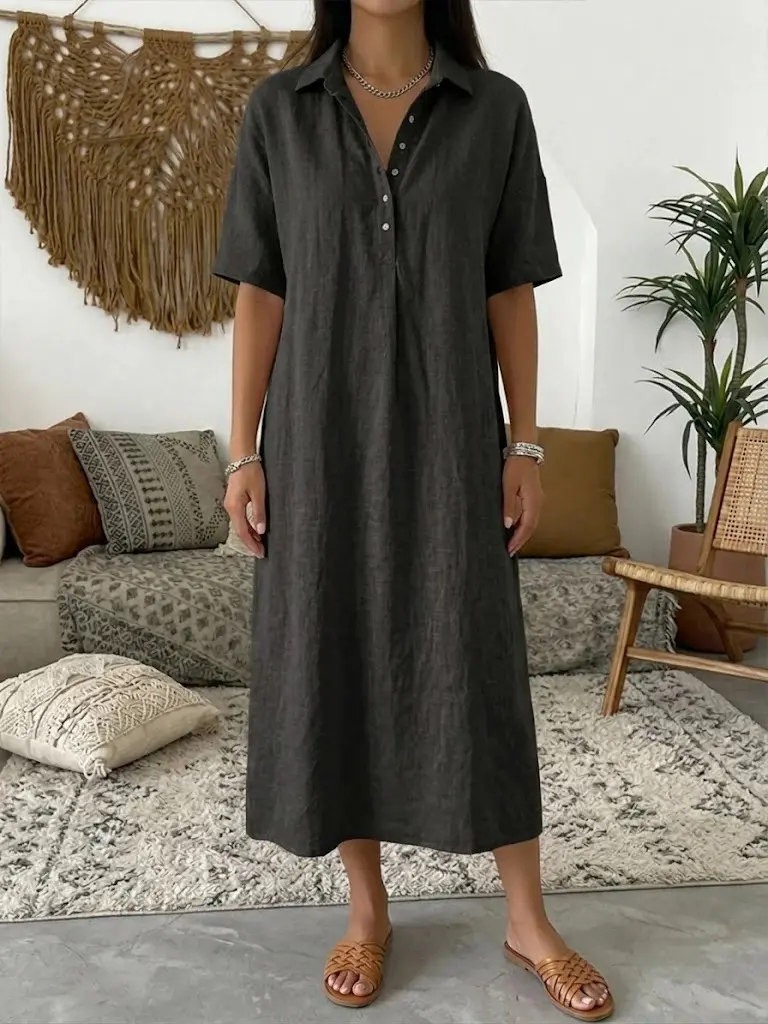 Womenswear Women's Solid-Color Summer Vacation Shirt Dress, Notched Lapel Collar, Half-Button Placket, Short Sleeves, Loose Straight Drapey Mid-Length, for Everyday Wear & Commuting