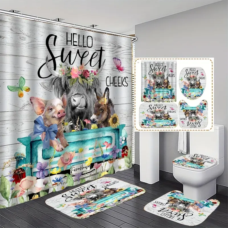 Farmhouse Style Bathroom Accessories Set, 4 Counts Animal & Floral Bathroom Set, Including Bath Mat, Toilet Lid Mat, U-shaped Rug & Shower Curtain with Hook, Restroom Decoration