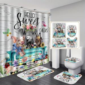 farmhouse style bathroom accessories set, 4 counts animal & floral bathroom set, including bath mat, toilet lid mat, u-shaped rug & shower curtain with hook,  restroom decoration