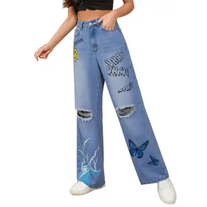 LOTUCY Butterfly Blue Lightning Women's Jeans High-Quality Denim Cotton Polyester Straight Leg Fashionable Holes Street Hipster Style All Seasons