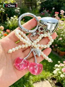 Cherry Pearl Bag Charm Keychain, Heart Design Keychain, Silver Heart Y2K Retro Accessory for Bags, Purse & Tote,rendy Cute Pink Red Cherry Charm with Pearl Chain for Bridesmaid Gifts, Daily Use, Keychain for Women Accessories, Bag Decoration & Keyring