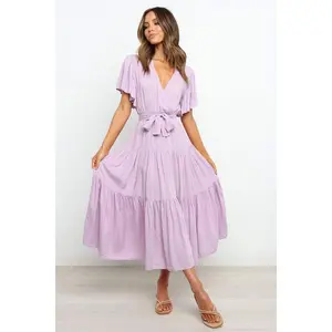Tied Back Tiered Short Sleeve Midi Dress