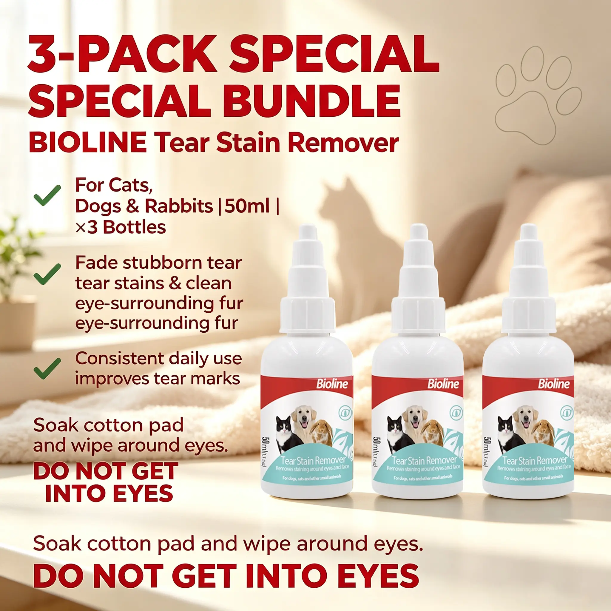 BIOLINE TEAR STAIN REMOVER  50ml   Care Cleanser, For Cats and Dogs  Tear Stain Removal cat dog  pet grooming drop