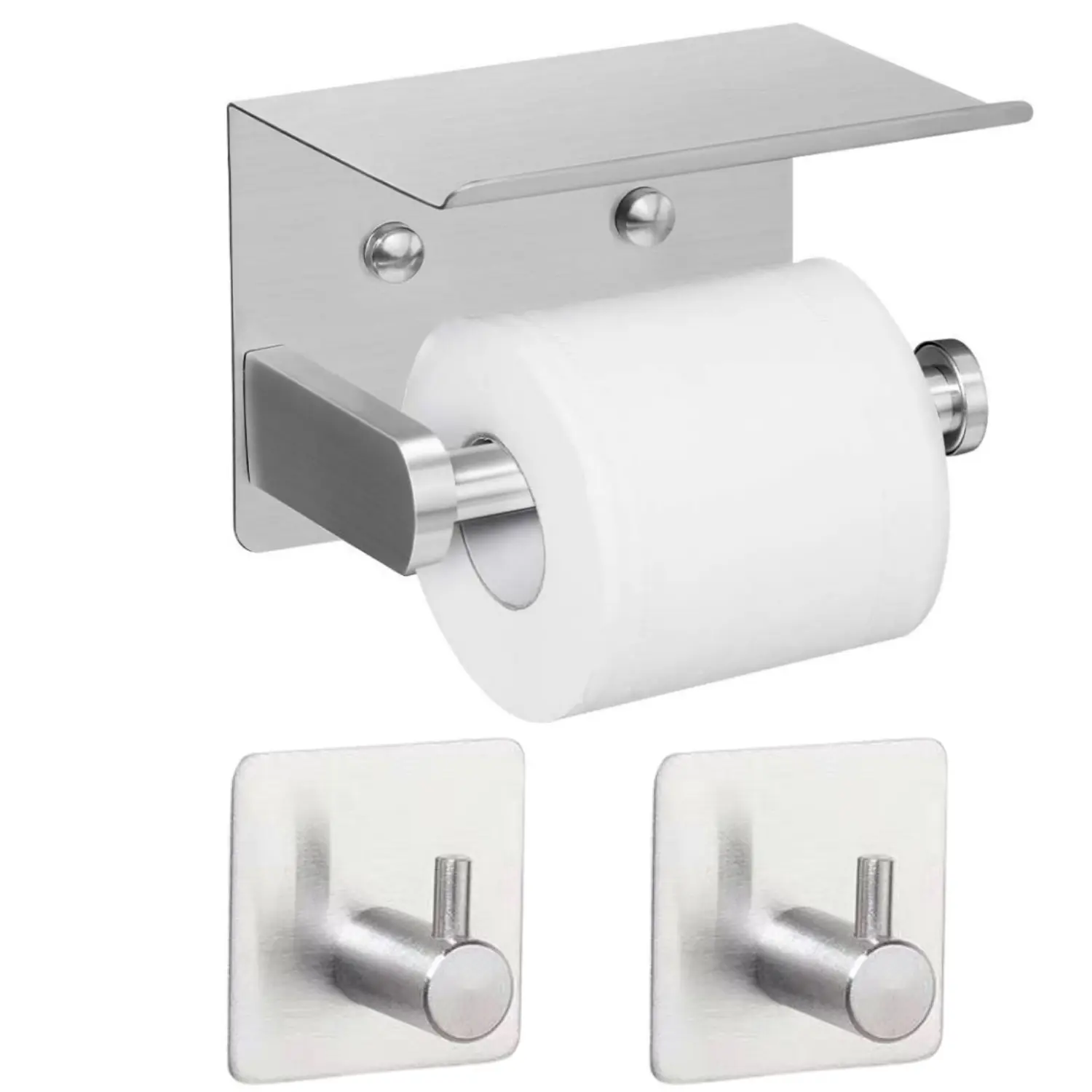 Silver Self Adhesive Toilet Paper Holder with Phone Shelf Stainless Steel Wall Mounted Toilet Paper Roll Holder - Rustproof and Bathroom Washroom Tissue Roll Holder with Storage Shelf - Home Improvement. ﻿