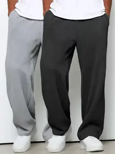 Men's Solid Waffle Knit Drawstring Waist Straight Leg Pants, Regular Fit Casual Comfy Pocket Trousers for Spring & Fall, Men's Bottoms for Daily Wear, Long