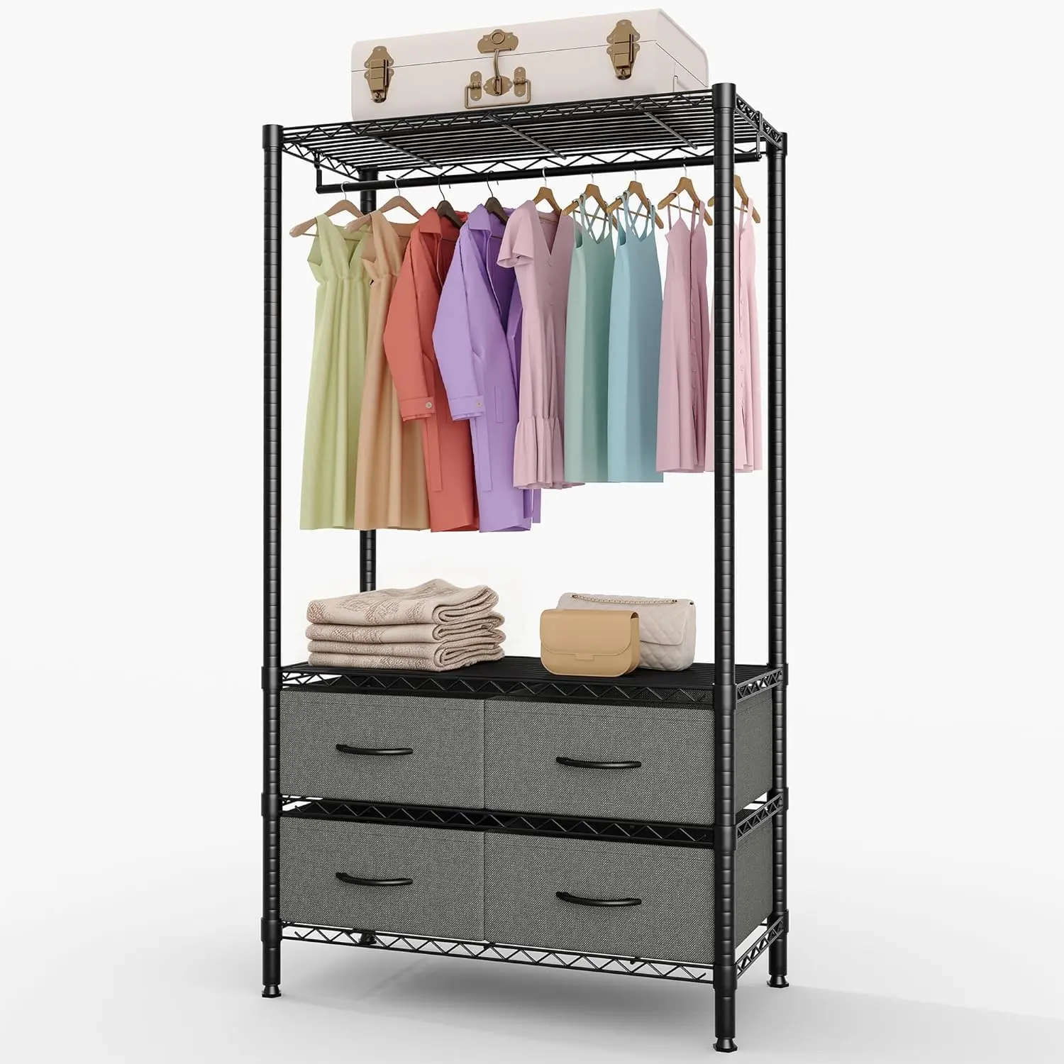 Garvee Clothes Rack with 4 Fabric Storage Drawers and Adjustable Shelves, 3-Tier Heavy-Duty Garment Rack Portable Clothes Hanger Closet Organizers for Bedroom Dorm Apartment, 71.5"H x 35.2"W x 15.4"D