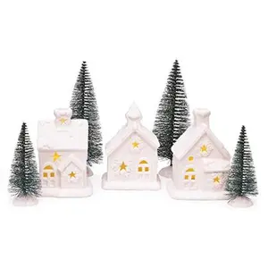 Unglazed Porcelain LED Christmas Village Set, 7 Piece Cozy Knit Winter Houses & Trees, Lighted Holiday Tabletop Decor, Battery Operated Mantel Decoration