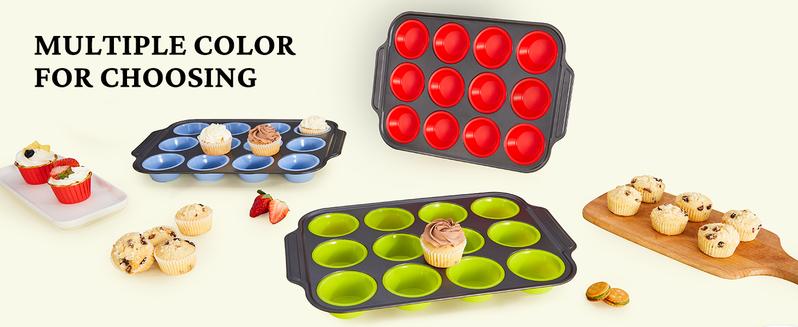 BRONYPRO Silicone Muffin Pan with Metal Frame, Nonstick 12-Cup Cupcake Pans, Easy to Pop Non-Toxic Bakeware for Oven, Gifts For Mom, Steel,Baked