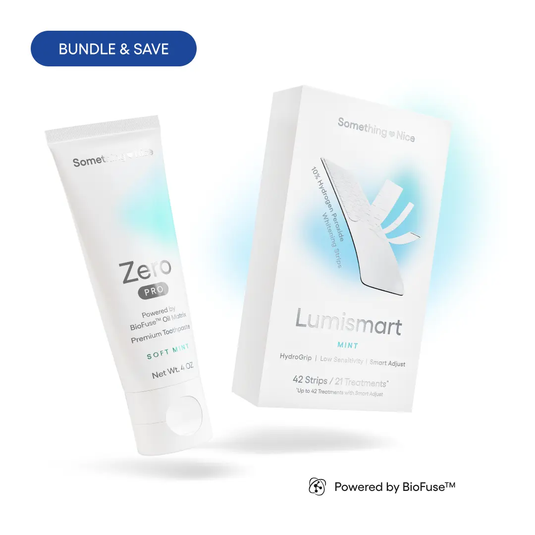 Whitening Kit Pro by Something Nice with Zero Pro 10% nHAp Toothpaste plus BioFuse Oil Matrix for Microbiome Support and Lumismart Whitening Strips, Low Sensitivity 10% Hydrogen Peroxide Whitening Bundle by the Bentist