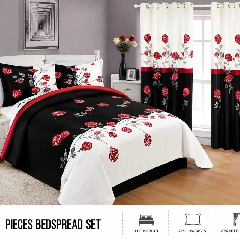 5-Piece Bedspread Set with Matching Curtains – Black, White & Red Rose Design | King/California King. / Juego de Colcha 5 Piezas con Cortinas Incluidas – Diseño de Rosas Rojas Negro y Blanco | King / California King