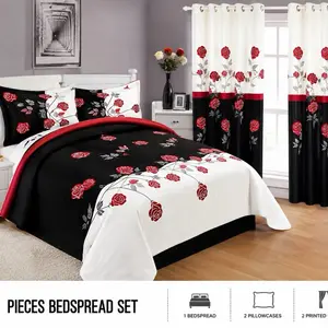 5-Piece Bedspread Set with Matching Curtains – Black, White & Red Rose Design | King/California King. / Juego de Colcha 5 Piezas con Cortinas Incluidas – Diseño de Rosas Rojas Negro y Blanco | King / California King