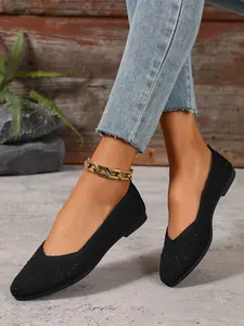 Breathable Mesh Pointed Toe Low-Top Women's Shoes, Soft Sole Anti-Slip Commuter Shoes, Hollow Out Rhinestone Versatile Women's Shoes Pointed Toe Flats JD003