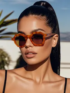 Vintage Tortoiseshell Eight-Sided Frame Sunglasses, Unisex All-Season Eyewear, Elegant Full Rim Design for Vacation & Daily Commute