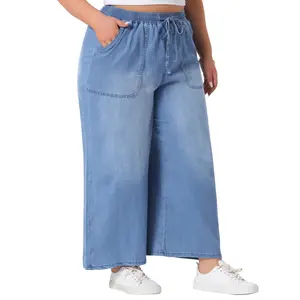 Agnes Orinda Plus Size Women's Drawstring Wide Leg High Waisted Loose Fit Baggy Chambray Pants Light Blue