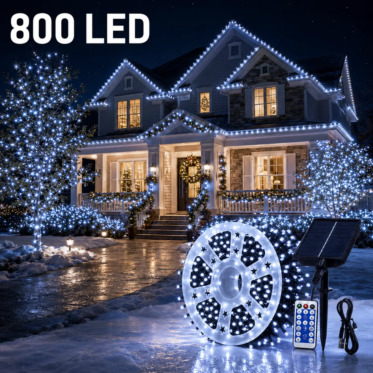 800 LED Solar Bright White String Lights, 334.6FT Outdoor Waterproof Remote-Controlled Sparkly Decorative Lights, Easy Management for Christmas Outdoor, Birthday, Holiday Decorating