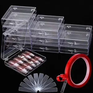 10PCS Press On Nail Storage Box, 2.6x2.6 inch / 6.5x6.5cm Clear Empty Plastic Nail Tips Storage Box with Arcylic Nail Display Sticks, Nail Glue Double Sided Tape for Press on False Nail springtok
