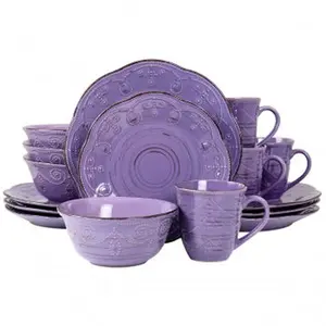 Rustic Birch 16-Piece Purple Stoneware Round Tableware Set, Includes Dishes for Dinner Use