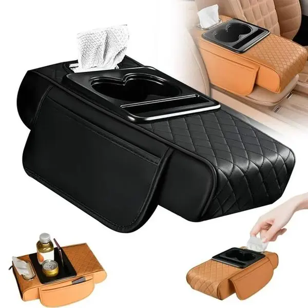 Multifunctional 5-in-1 PU Leather Car Center Console Armrest Cover, 2026 New Armrest Box Mat with Cup Holder, Tissue Box & Mobile Phone Storage Slot, Black