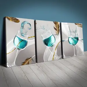 Set of 3 Wooden Frame Kitchen Wall Art Prints, Wine Glass Images, Waterproof Canvas Home Decor, Perfect Gift for Bedroom & Dorm Decoration