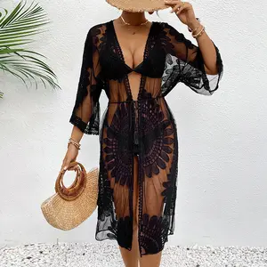 Women's Lace Embroidery Loose Kimono Cardigan, Resort Cover Ups, Beach Outerwear for Casual Outfits & Swimsuits/Bikinis swimwear
