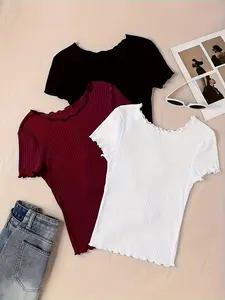 Women's Plain Lettuce Trim Ribbed Tee, Casual Short Sleeve Round Neck Basic T-shirt for Summer, Ladies Clothes for Daily Wear