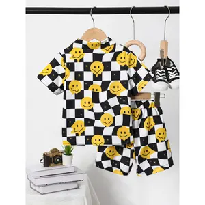 Ready Stock 1-12Y Boys Clothes Checker Print Smiling Face Pattern Turn-down Collar Shirt Elastic Shorts 2Pcs Summer OOTD Black 462306156 Casual