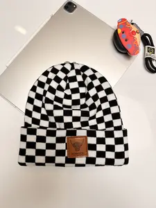 Checkerboard and Cow Print Beanie – Y2K Style, Warm and Cozy Knit Hat for Men, Women, and Couples"