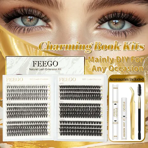 FEEGO High Quality Fluffy Eyelashes Cluster DIY Cosmetic Makeup Eyelash Extensions Kit - 30,40,50,60,80,100D Clusters, 456Pcs 10-16mm D Curl, 6-in-1 Ultra-Large Capacity Thick Individual Lashes Set