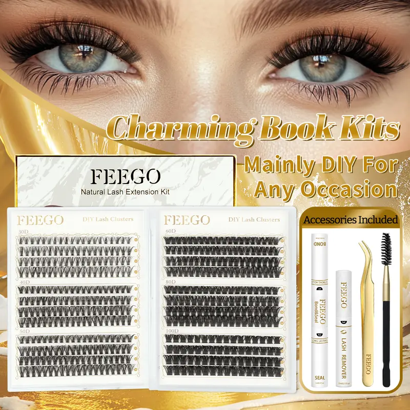 FEEGO High Quality Fluffy Eyelashes Cluster DIY Cosmetic Makeup Eyelash Extensions Kit - 30,40,50,60,80,100D Clusters, 456Pcs 10-16mm D Curl, 6-in-1 Ultra-Large Capacity Thick Individual Lashes Set