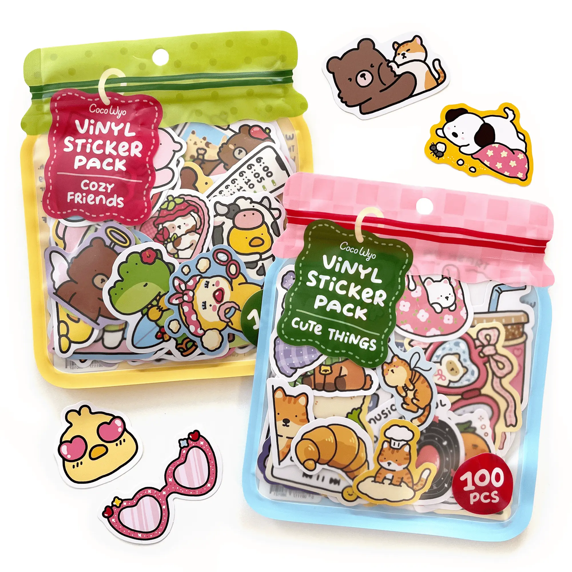 Coco Wyo Sticker Pack Set of 2 (100 pcs Each) – Cozy Friends & Cute Things
