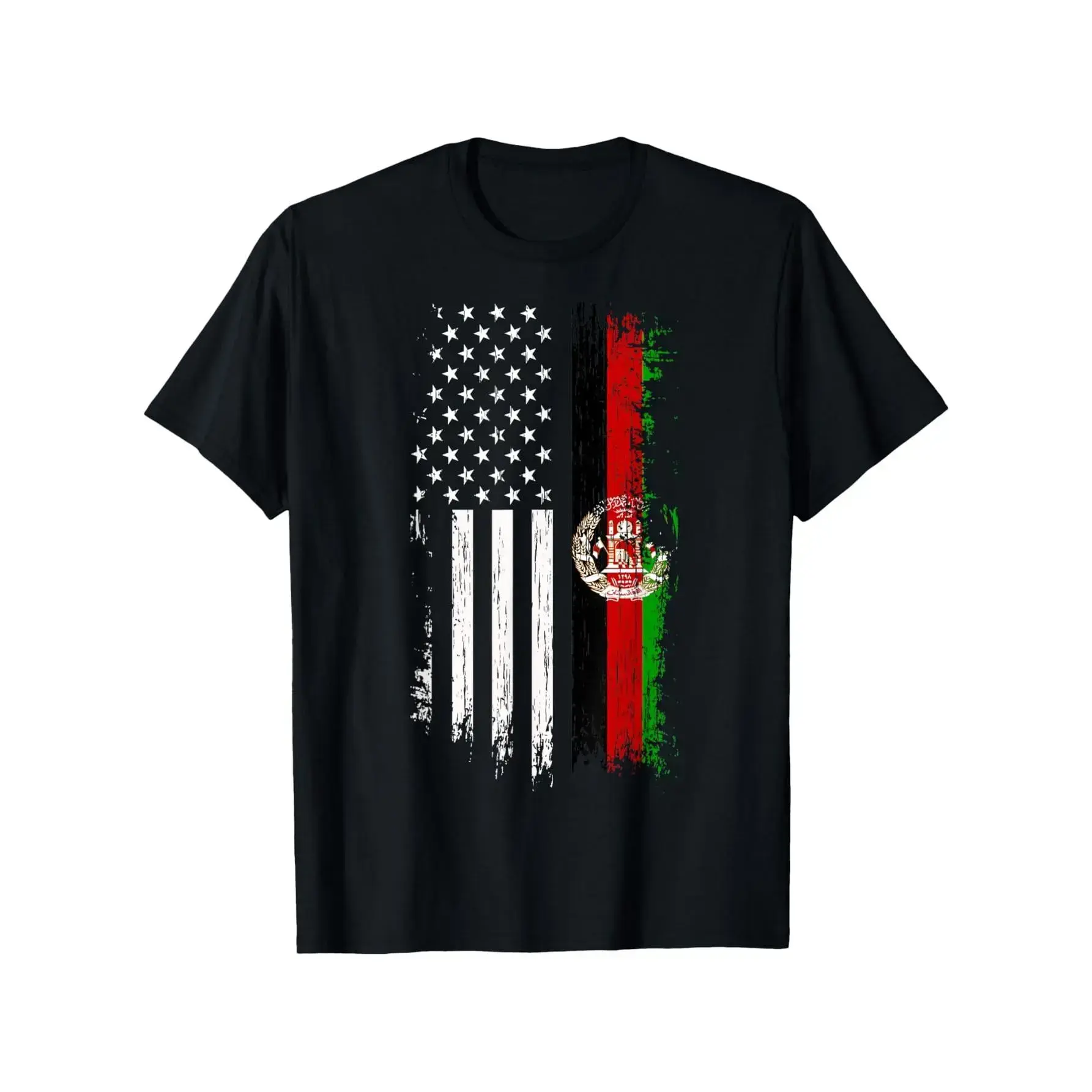 Men's Black Crew Neck T-Shirt with Patriotic Afghan American Flag Graphic, Classic Fit Short Sleeve, Soft 220g Fabric, Casual Round Neck, Sizes M-2XL-5XL