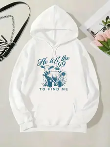 Women's Cartoon Sheep & Letter Print Drop Shoulder Hoodie, Fashion Casual Drawstring Pocket Hooded Sweatshirt for Daily Holiday Outdoor Wear, Women Clothing for Fall & Winter