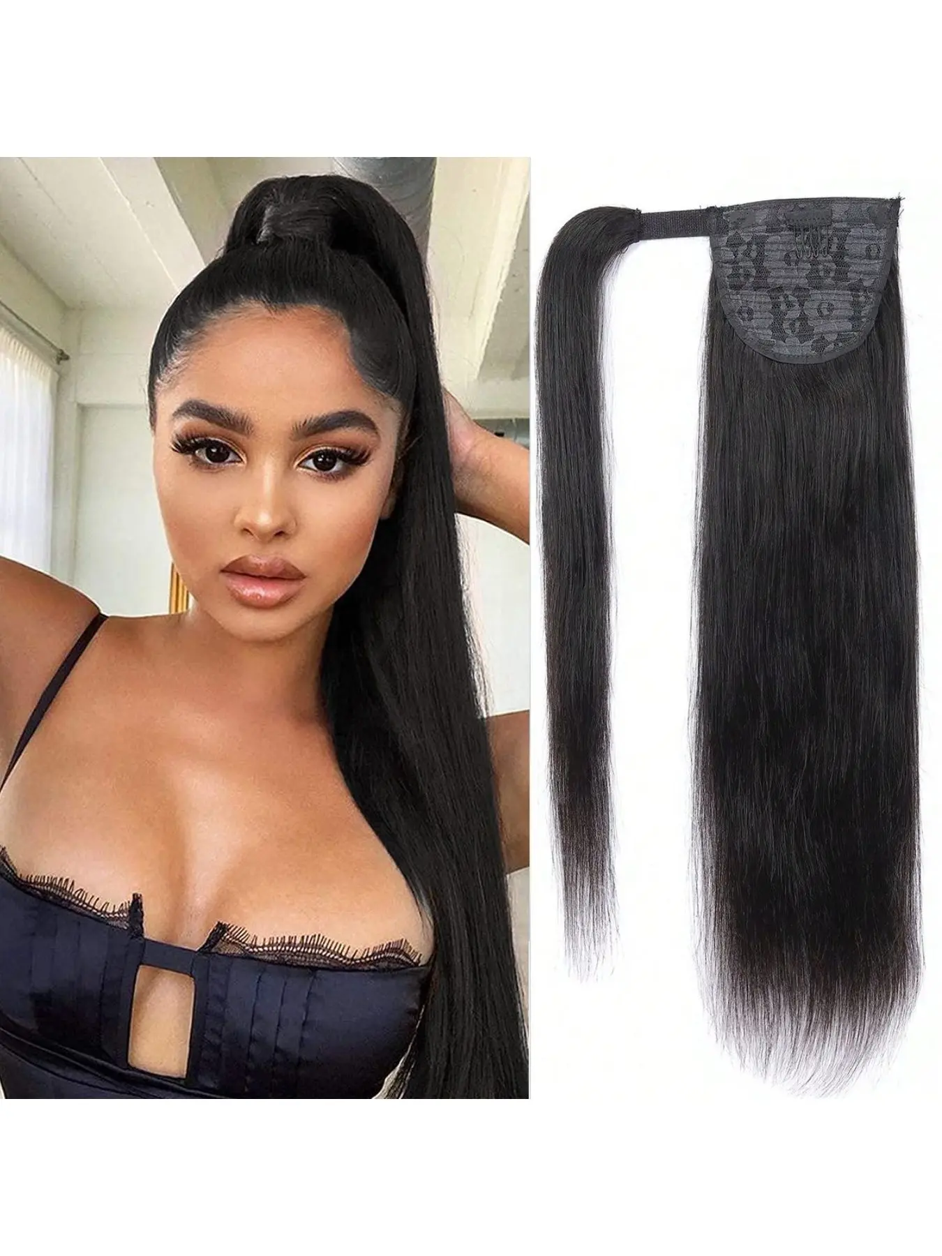 Straight Ponytail Extension Human Hair with Magic Paste Wrap Around Ponytail Human Hair Natural Color Brazilian Virgin Body Wave Human Hair Ponytail Extension for Women Real Hair Extensions