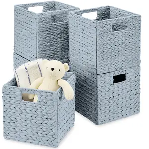 Best Choice Products Set of 5 Handwoven Water Hyacinth Storage Baskets – Natural Collapsible Organizers with Handles
